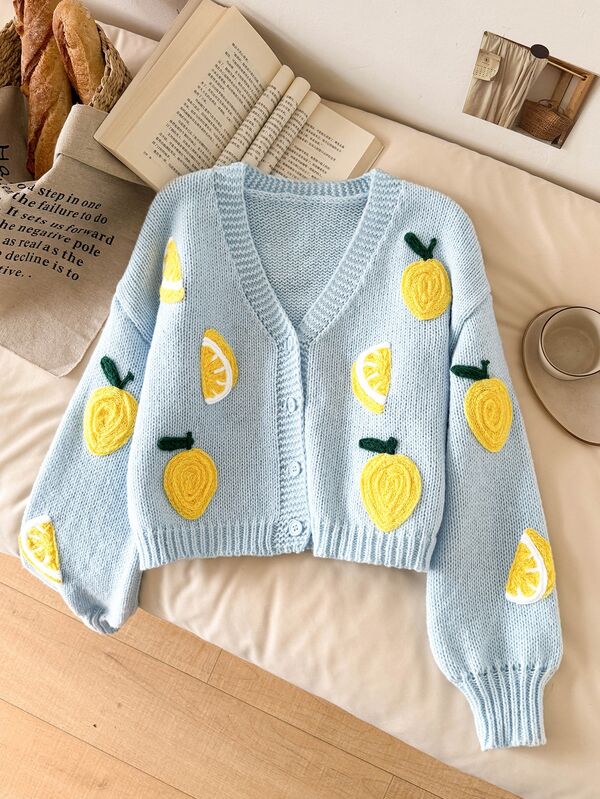Story & Sage Women's 3D Lemon Decor Casual Versatile Daily Wear Cardigan