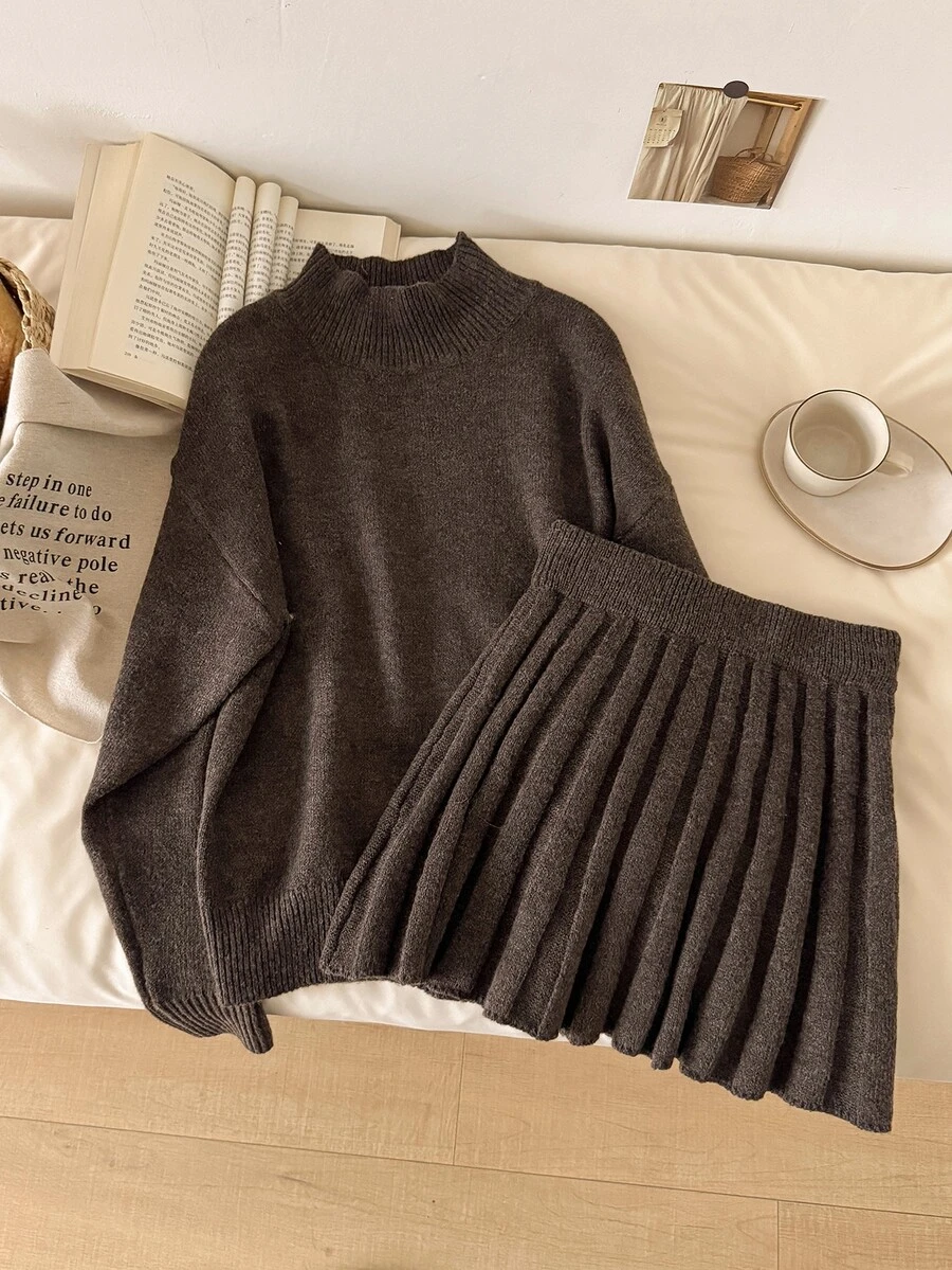 CosyJoli Autumn/Winter Casual Versatile Solid Color Sweater & Knitted Skirt 2 Pieces Set - Brown - View 1