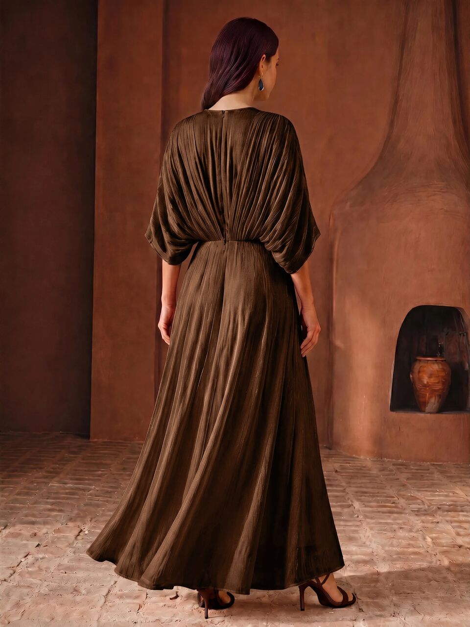 Women's New Summer Elegant Luxurious V-Neck Short Sleeve Ruched Waist Ruched Slim Fit Flattering Long Kaftan Dress For Party, Evening, Daily Wear