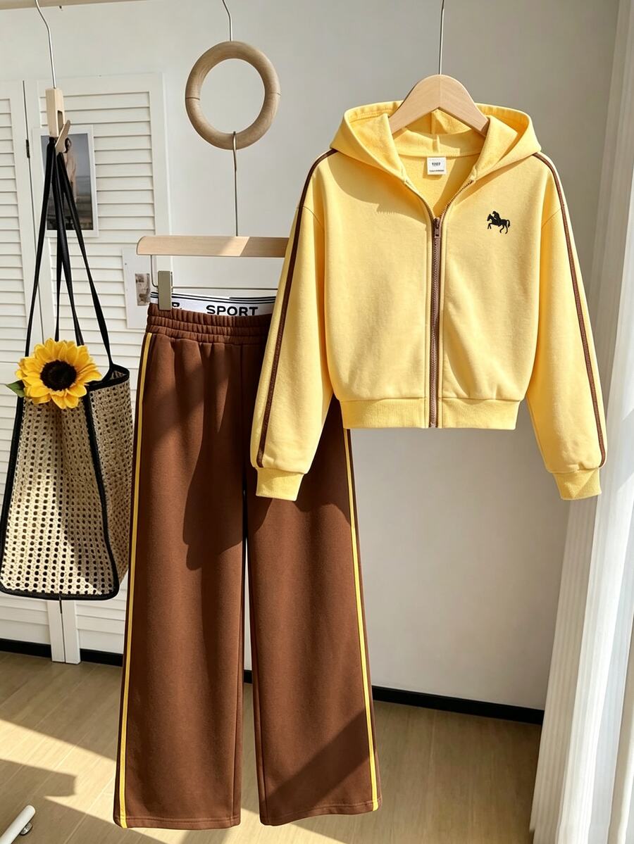 SHEIN 青少年女孩2件套 寬鬆拉鍊連帽外套+寬腿運動長褲 針織休閒秋季韓風拼接色字母條紋夾克 黃色/棕色 - 彩色 - 查看 1