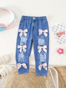 SHEIN Baby Girl Personalized Bow Decor Button Distressed Leggings - Blue - View 2