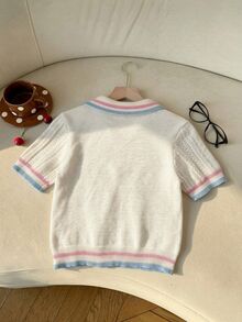 CovetEZ Contrast Trim Polo Neck Knit Top - Multicolor - View 2