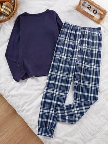 男孩休閒格紋印花睡衣 2 件套 1 組 秋冬款 - 彩色 - 查看 2