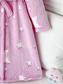 SHEIN Tween女孩秋冬休閒雙面抓絨螢光星星印花貼袋連帽睡袍居家服粉色兒童睡衣 - 藕粉色 - 查看 6