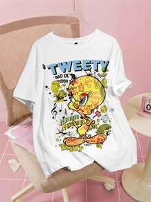 LOONEY TUNES X SHEIN 大尺碼夏季休閒卡通印花T恤 - 白色 - 查看 1
