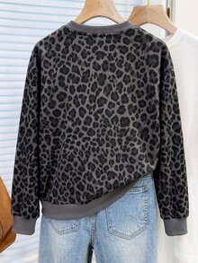 INAWLY Plus Size Casual Leopard Print Sweatshirt, Autumn/Winter - Grey - View 2