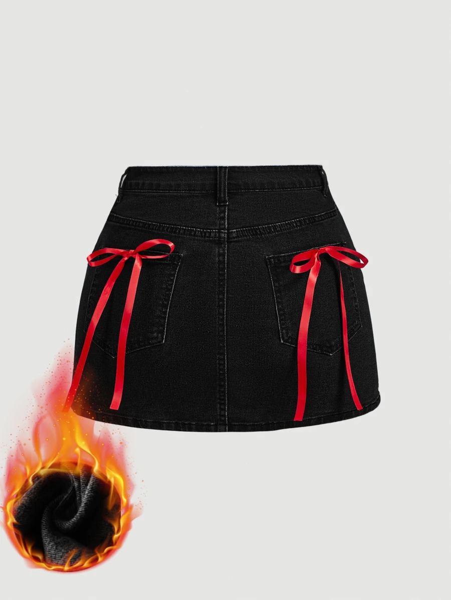 SHEIN MOD 女款蝴蝶結裝飾牛仔裙 - 黑色 - 查看 1
