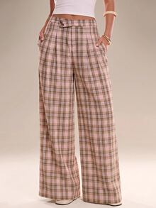 Avantive Women's Casual Commute Plaid Wide Leg Long Pants - Pink - View 6