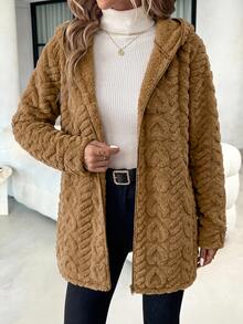 SHEIN Clasi 女款舒適連帽紋理保暖內裡拉鍊外套 - 駝色 - 查看 6