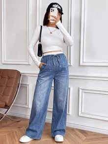 SHEIN Maternity Drawstring Waist Contrast Pocket Denim Jeans Cowgirl Outfit For Women Country Office Outfits For Women - Blue - View 5