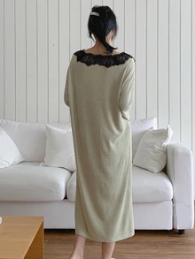 DAZY Women's Comfortable Versatile Lace Patchwork Long Sleeve Nightgown - Khaki - View 2
