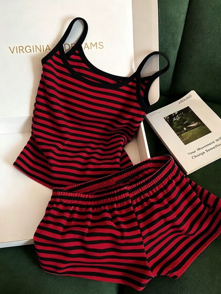 Franclia Women's Striped Camisole Top And Shorts Casual Daily 2 Pieces Set - black red - View 5