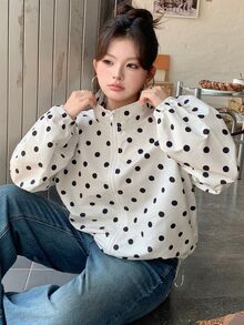 Dazy Plus Jaket Kerah Tegak Longgar Motif Polkadot Besar Modis untuk Musim Semi, Musim Panas, dan Musim Gugur - Aprikot - View 7