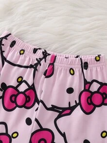 HELLO KITTY AND FRIENDS | SHEIN طقم ملابس منزلية يومية للبنات الصغيرات بطبعة كرتونية لطيفة على كامل التصميم - وردي - مشاهدة 5