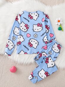 HELLO KITTY AND FRIENDS | SHEIN Tween Girls Cartoon Print Fitted Crew Neck Long Sleeve Top And Pants 2 Pieces Loungewear Set - Baby Blue - View 2