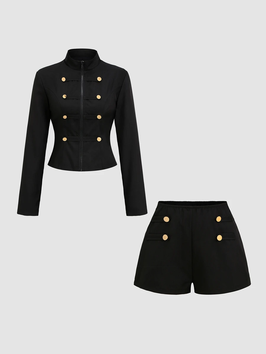 Sweetra Slim Fit Elegant Preppy Versatile Metal Button Napoleon Style Blazer And Shorts Set Office Black And Gold Summer - Black - View 1