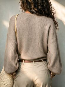SHEIN Heather Beige Knotted Front Knit Top, Loose Balloon Sleeve Cropped Sweater, Soft Casual V Neck Knitw - Khaki - View 2