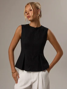 Avantive Tank Top Wanita Kasual Musim Panas Warna Polos dengan Desain Mengencangkan Pinggang - Hitam - View 3