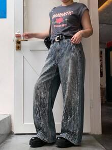 Dazy Plus Full Rhinestone Korean Style Shiny Distressed Versatile Heavy-Duty Spring/Autumn Jeans - Dusty Blue - View 4