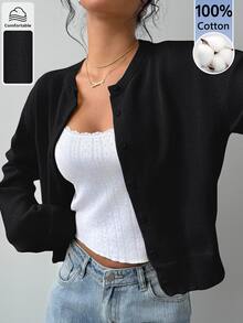 SHEIN BASICS 女款素色休閒百搭日常穿著長袖開襟衫 - 黑色 - 查看 6