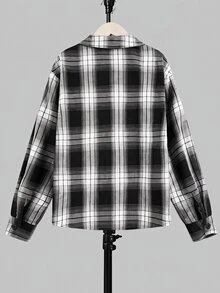 SHEIN 兒童青少年男孩休閒日常舒適格紋翻領寬鬆長袖梭織鈕扣襯衫 - 黑與白 - 查看 2