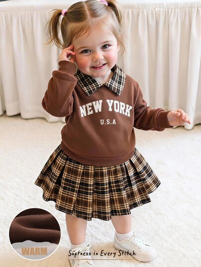 Cozy Pixies Baby Girl Brown Plaid Autumn School Uniform Vintage Letter Print Collared Long Sleeve Dress Set