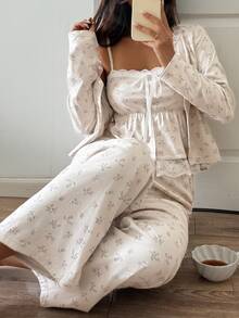 DAZY Women's Floral Lace Patchwork Camisole & Long Pants & Long Sleeve Top Pajama Set - Beige - View 1