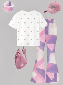 SHEIN Elladie kids 2件組復古粉色蝴蝶結印花T恤與喇叭褲，可愛夏季返校女童套裝，Y2K校園風，新款圓領短袖T恤搭配鬆緊腰喇叭長褲，簡約百搭時尚通勤套裝 - 彩色 - 查看 3