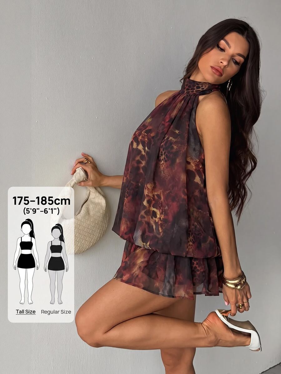 SHEIN Tall 女款豹紋百褶時尚約會派對迷你洋裝 - 彩色 - 查看 1