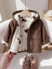 SHEIN Playful Pals 男嬰休閒經典燈芯絨印花抓絨內裡前口袋前扣連帽長袖外套 秋冬款 - 棕色 - 查看 1