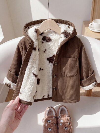 SHEIN Playful Pals Baby Boys Casual Classic Corduroy With Print Fleece Lining Front Pocket Front Button Hooded Long Sleeve Jacket