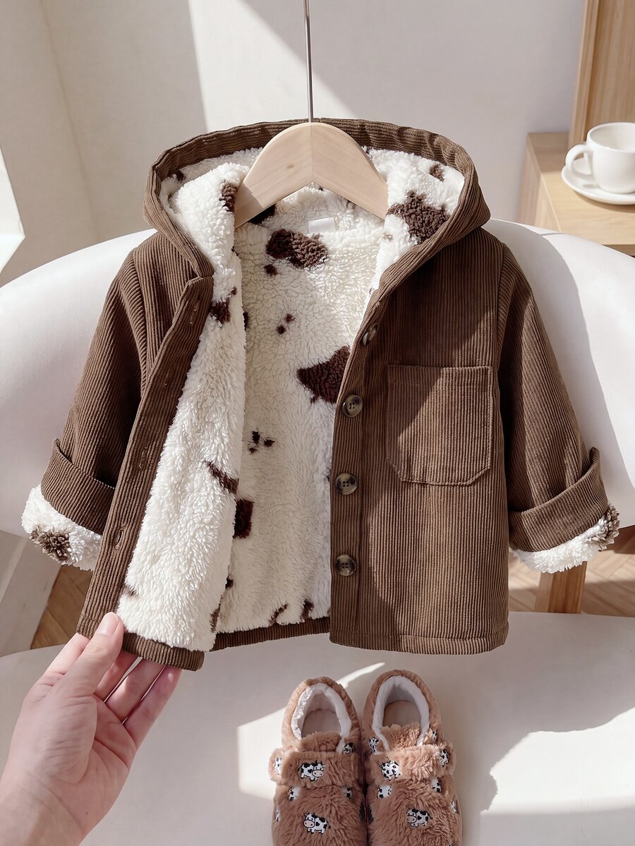 SHEIN Playful Pals 男嬰休閒經典燈芯絨印花抓絨內裡前口袋前扣連帽長袖外套 秋冬款 - 棕色 - 查看 1