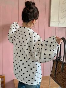 Dazy Plus Jaket Kerah Tegak Longgar Motif Polkadot Besar Modis untuk Musim Semi, Musim Panas, dan Musim Gugur - Aprikot - View 2