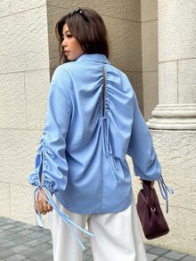 Easura Kemeja Lengan Panjang Bertali Serut Desainer Ukuran Besar untuk Wanita, Musim Gugur - Biru - View 3