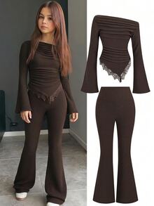 SHEIN Tween Girls T-Shirt Co-Ords - Brown - View 1