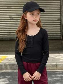 DAZY Tween Girl) Black Fitted Long Sleeve Half-Button Front Inner Layer Crew Neck T-Shirt, Autumn - Black - View 4