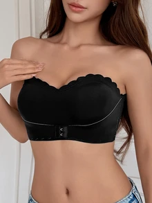 DAZY Solid Color Seamless Wavy Edge Padded Bra With Slight Push-Up For Women, Strapless - Black - View 5
