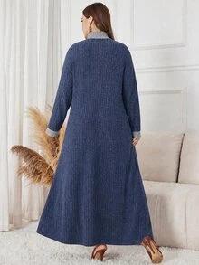 Lacomfia Autumn/Winter Elegant Casual Round Neck Pullover Knit Textured Ribbed Patchwork Faux Pocket Button Detail Long Sleeve Plus Size Women's Long Dress - Multicolor - View 2