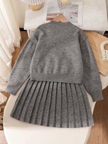 青少年女孩灰色特殊刺繡圓領針織套衫與百褶裙套裝，柔軟舒適，適合日常穿著、外出、旅行、度假、居家、托兒所 - 灰色 - 查看 2