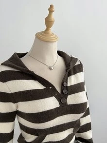 Elamini Women's Autumn/Winter Vintage Lazy Versatile Daily Commute Photo-Ready Striped Hooded Pullover Sweater - Multicolor - View 6