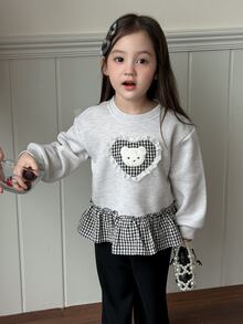 DAZY Sweatshirt Bayi Perempuan (Leher Bulat) Lengan Panjang Motif Kotak-kotak Patchwork Musim Gugur - Grey - View 7