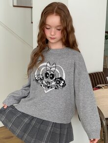 THE POWERPUFF GIRLS X DAZY Tween Girl Cartoon Pattern Long Sleeve Top And Skirt Knit Set Fall - Grey - View 7