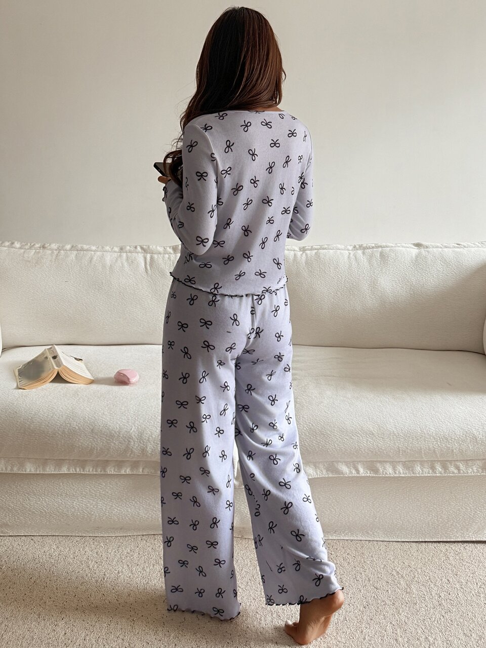Women's Bow Print Top And Long Pants Pajama Set