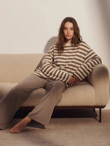 Livesso Women's Striped Colorblock Long Sleeve Top And Casual Long Pants Pajama Set Fall - Khaki - View 4