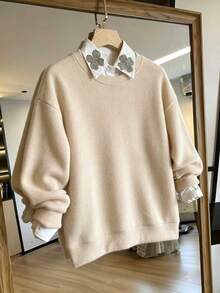 SHEIN Holidaya Women's Autumn Casual Long Sleeve Crew Neck Knit Top Brunch Office Beige - Apricot - View 1