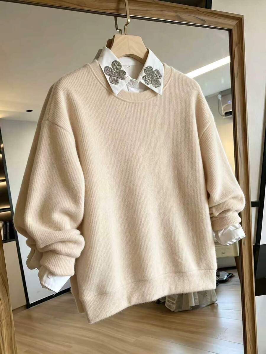SHEIN Holidaya Women's Autumn Casual Long Sleeve Crew Neck Knit Top Brunch Office Beige - Apricot - View 1