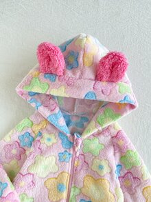 SHEIN Baby Girl Toddler Fuzzy Jumpsuit Cute Funny Pink Colorful 3D Ears Floral Long Sleeve Hooded Thick Birthday Winter Halloween Autumn Zipper - Multicolor - View 7