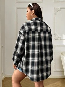 Solflare Plus Plaid Print Drop Shoulder Shirt Fall - Black - View 2