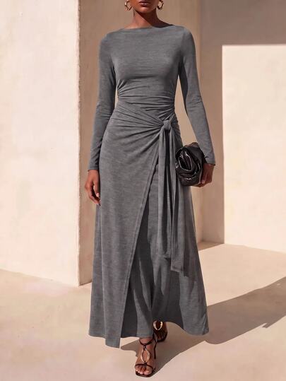 Zivah New Autumn/Winter Commuter Casual Elegant Deep Floral Grey Long Sleeve A-Line Tie-Front Women's Long Dress, Suitable For Daily Wear, Outings, Vacations, Beach, Parties, Holidays, Airport Outfits, Brunch Outfits, Bohemian, Shopping, Women's Work, Graduation, Country Concerts, Back To School, Wedding Guest Outfits, Prom, Birthday