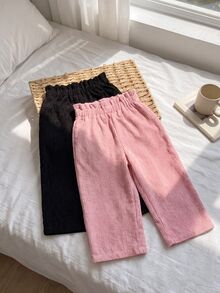 SHEIN 2件裝女嬰秋冬可愛百搭純色燈芯絨鬆緊腰寬鬆長褲 - 彩色 - 查看 1